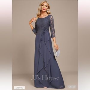 A-line Scoop Floor-Length Chiffon Lace Evening Dress W/ Cascading Ruffles 047